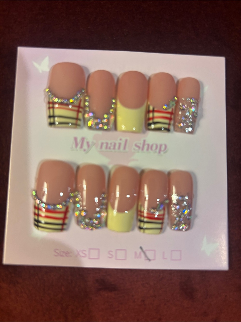 Nude Pink Plaid & Rhinestone Press-On Nails